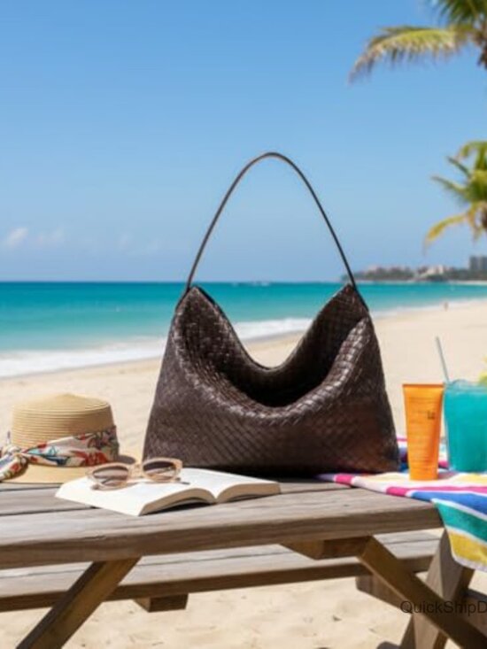 Vegan Leather Woven Tote Bag with Adjustable Strap and Pockets - Picture 3 of 7